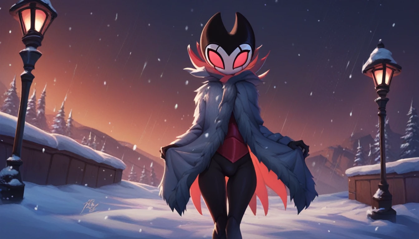 score_9, score_8_up, score_7_up, score_6_up, zPDXL2, grimm \(hollow knight\), vampire, bat, 1boy, solo, cute face, detailed eyes, anthro, clothed, landscape, looking at the viewer, highlight thighs, It's snowing outside, it's night, a lamp is on nearby, pov, outdoor, winter coat