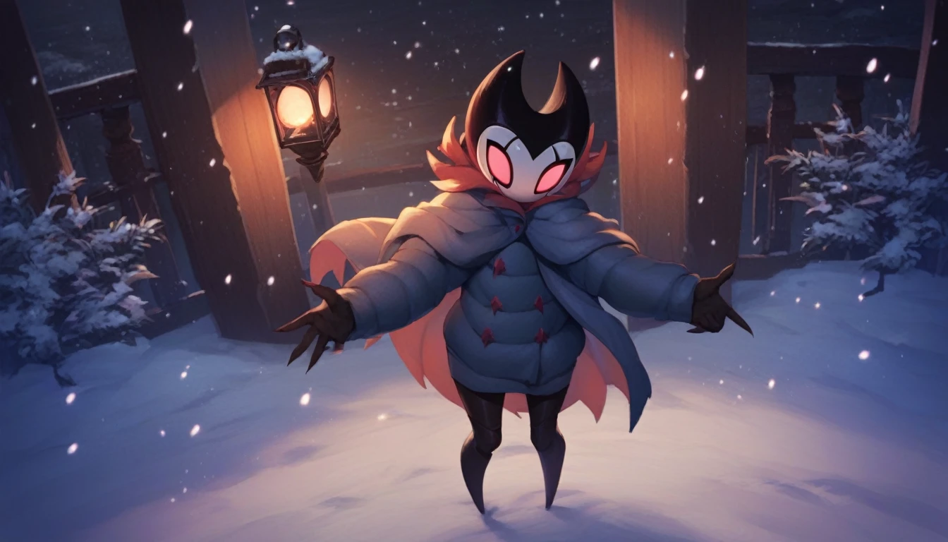 score_9, score_8_up, score_7_up, score_6_up, zPDXL2, grimm \(hollow knight\), vampire, bat, 1boy, solo, cute face, detailed eyes, anthro, clothed, landscape, looking at the viewer, highlight thighs, It's snowing outside, it's night, a lamp is on nearby, pov, outdoor, winter coat