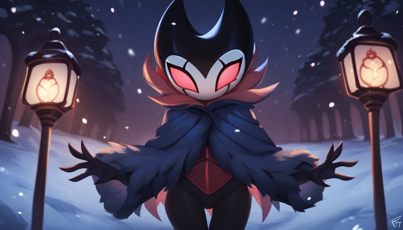 score_9, score_8_up, score_7_up, score_6_up, zPDXL2, grimm \(hollow knight\), vampire, bat, 1boy, solo, cute face, detailed eyes, anthro, clothed, landscape, looking at the viewer, highlight thighs, It's snowing outside, it's night, a lamp is on nearby, pov, outdoor, winter coat