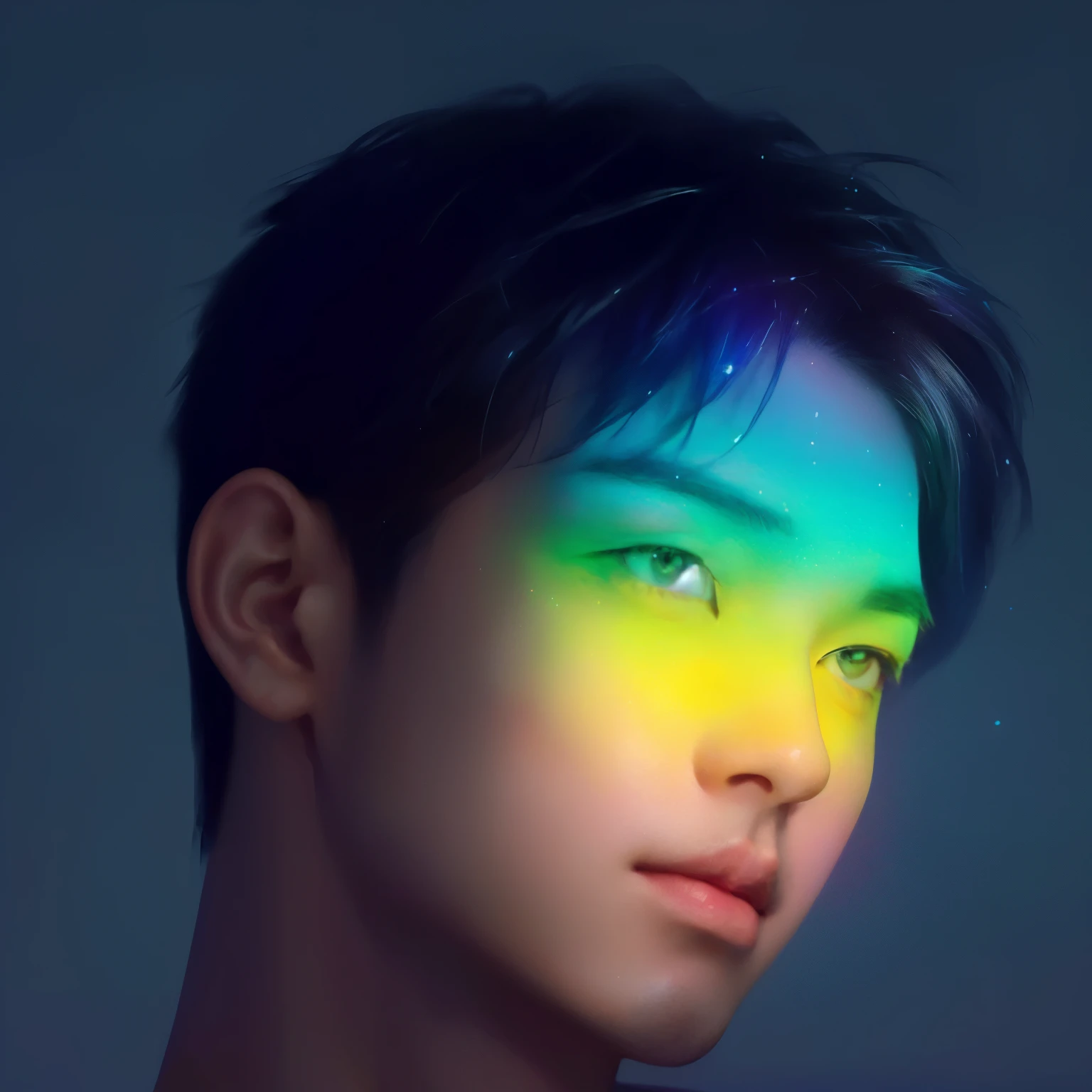 arafed image of a man with a rainbow color lighted face, inspired by Yanjun Cheng, inspired by Russell Dongjun Lu, inspired by jeonseok lee, yanjun chengt, inspired by Bian Shoumin, by Russell Dongjun Lu, inspired by Yeong-Hao Han, glowing rainbow face, by Yanjun Cheng, vibrant fan art, glowing with colored light