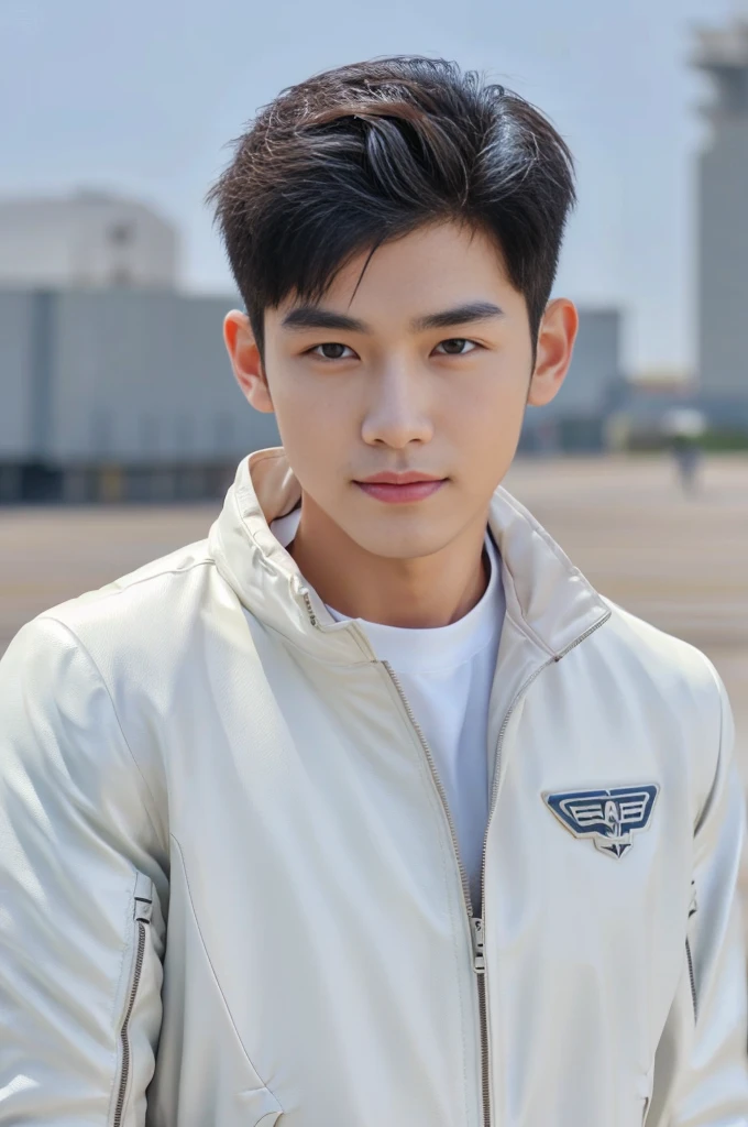 A young korean boy, (detailed air-force pilot uniform:1.5), (white pilot captain jacket:1.3), (white military pants ), full body shoot, detailed clothes, ( air force base runway view background:1.3), looking at viewer, facing the viewer, cinematic light, detailed fingers, Quiff haircut, look at camera, detailed facial parts, Manly, Active, Freestyle Pose, Happy Expression, perfect anatomy, symmetric body, 19 years old, high detail, asian, realistic, human skin, Short Hairstyle, handsome chad chin, handsome, masculine, attractive, human skin, (eyes contact), Handsome, Attractive