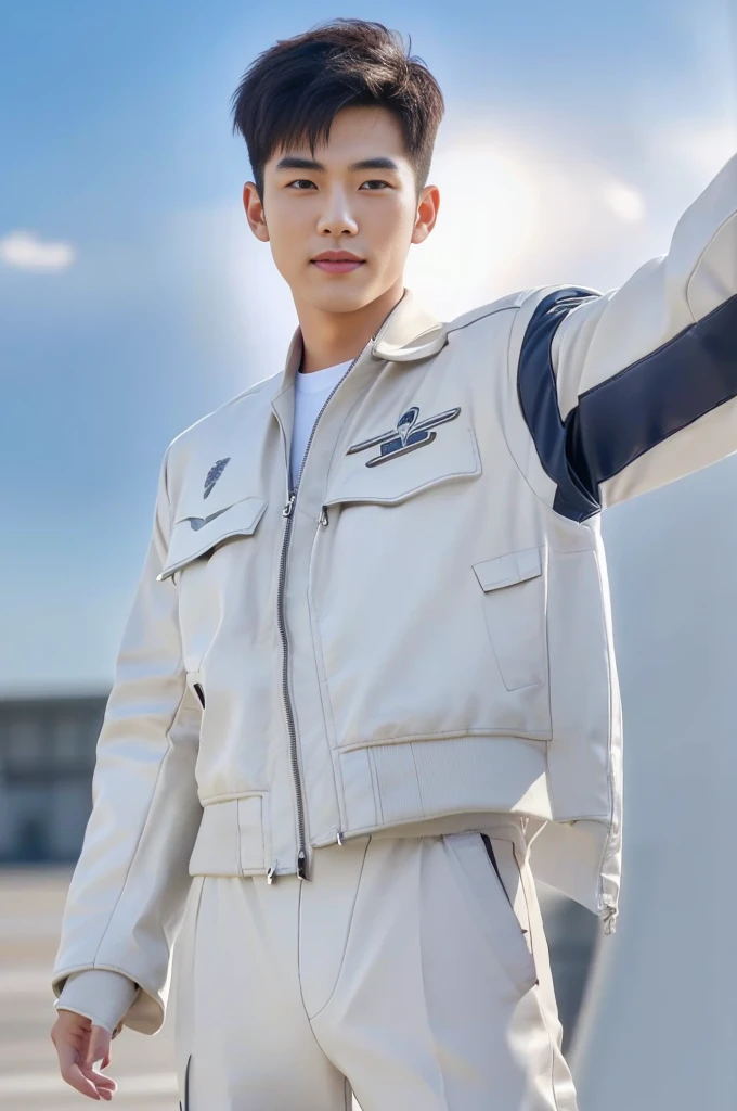 A young korean boy, (detailed air-force pilot uniform:1.5), (white pilot captain jacket:1.3), (white military pants ), full body shoot, detailed clothes, ( air force base runway view background:1.3), looking at viewer, facing the viewer, cinematic light, detailed fingers, Quiff haircut, look at camera, detailed facial parts, Manly, Active, Freestyle Pose, Happy Expression, perfect anatomy, symmetric body, 19 years old, high detail, asian, realistic, human skin, Short Hairstyle, handsome chad chin, handsome, masculine, attractive, human skin, (eyes contact), Handsome, Attractive