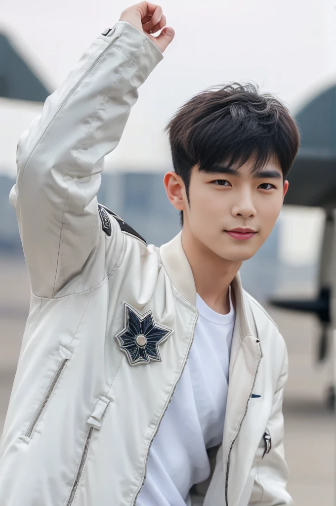 A young korean boy, (detailed air-force pilot uniform:1.5), (white pilot captain jacket:1.3), (white military pants ), full body shoot, detailed clothes, ( air force base runway view background:1.3), looking at viewer, facing the viewer, cinematic light, detailed fingers, Quiff haircut, look at camera, detailed facial parts, Manly, Active, Freestyle Pose, Happy Expression, perfect anatomy, symmetric body, 19 years old, high detail, asian, realistic, human skin, Short Hairstyle, handsome chad chin, handsome, masculine, attractive, human skin, (eyes contact), Handsome, Attractive