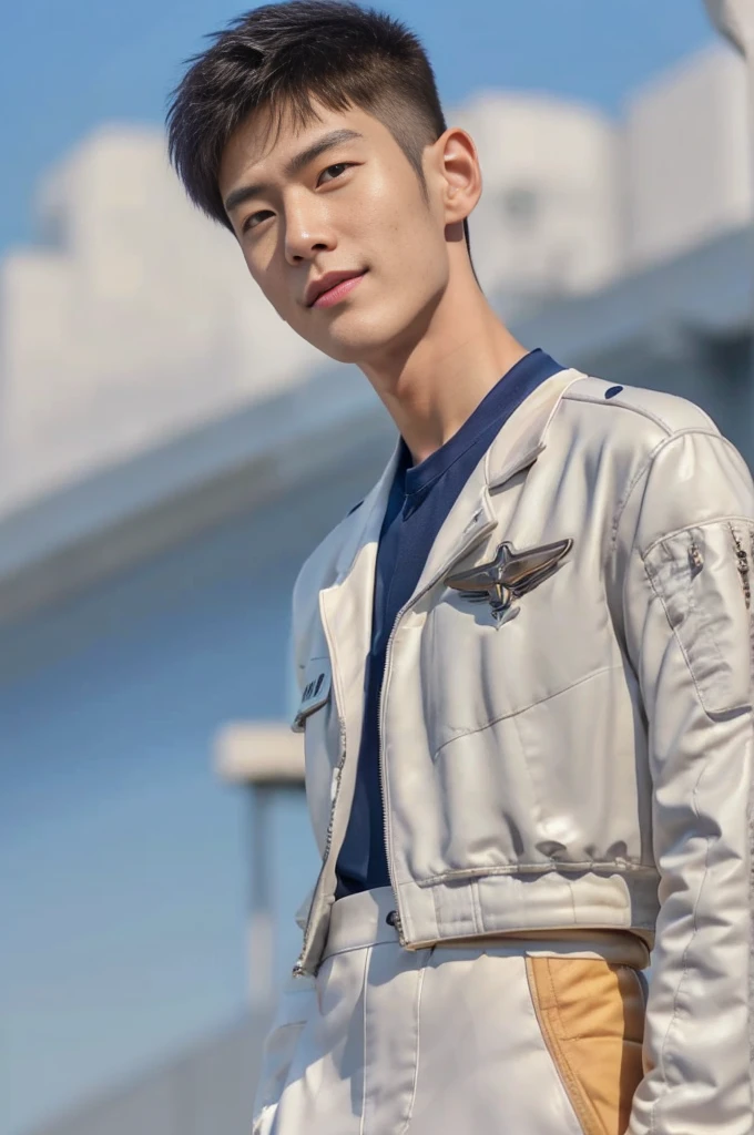 A young korean boy, (detailed air-force pilot uniform:1.5), (white pilot captain jacket:1.3), (white military pants ), full body shoot, detailed clothes, ( air force base runway view background:1.3), looking at viewer, facing the viewer, cinematic light, detailed fingers, Quiff haircut, look at camera, detailed facial parts, Manly, Active, Freestyle Pose, Happy Expression, perfect anatomy, symmetric body, 19 years old, high detail, asian, realistic, human skin, Short Hairstyle, handsome chad chin, handsome, masculine, attractive, human skin, (eyes contact), Handsome, Attractive
