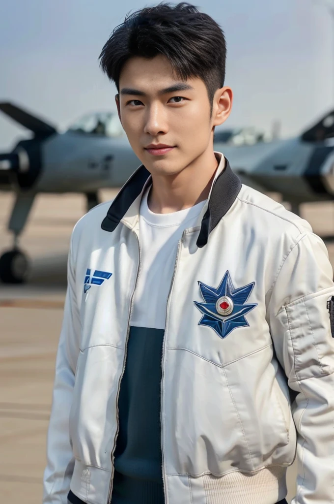 A young korean boy, (detailed air-force pilot uniform:1.5), (white pilot captain jacket:1.3), (white military pants ), full body shoot, detailed clothes, ( air force base runway view background:1.3), looking at viewer, facing the viewer, cinematic light, detailed fingers, Quiff haircut, look at camera, detailed facial parts, Manly, Active, Freestyle Pose, Happy Expression, perfect anatomy, symmetric body, 19 years old, high detail, asian, realistic, human skin, Short Hairstyle, handsome chad chin, handsome, masculine, attractive, human skin, (eyes contact), Handsome, Attractive