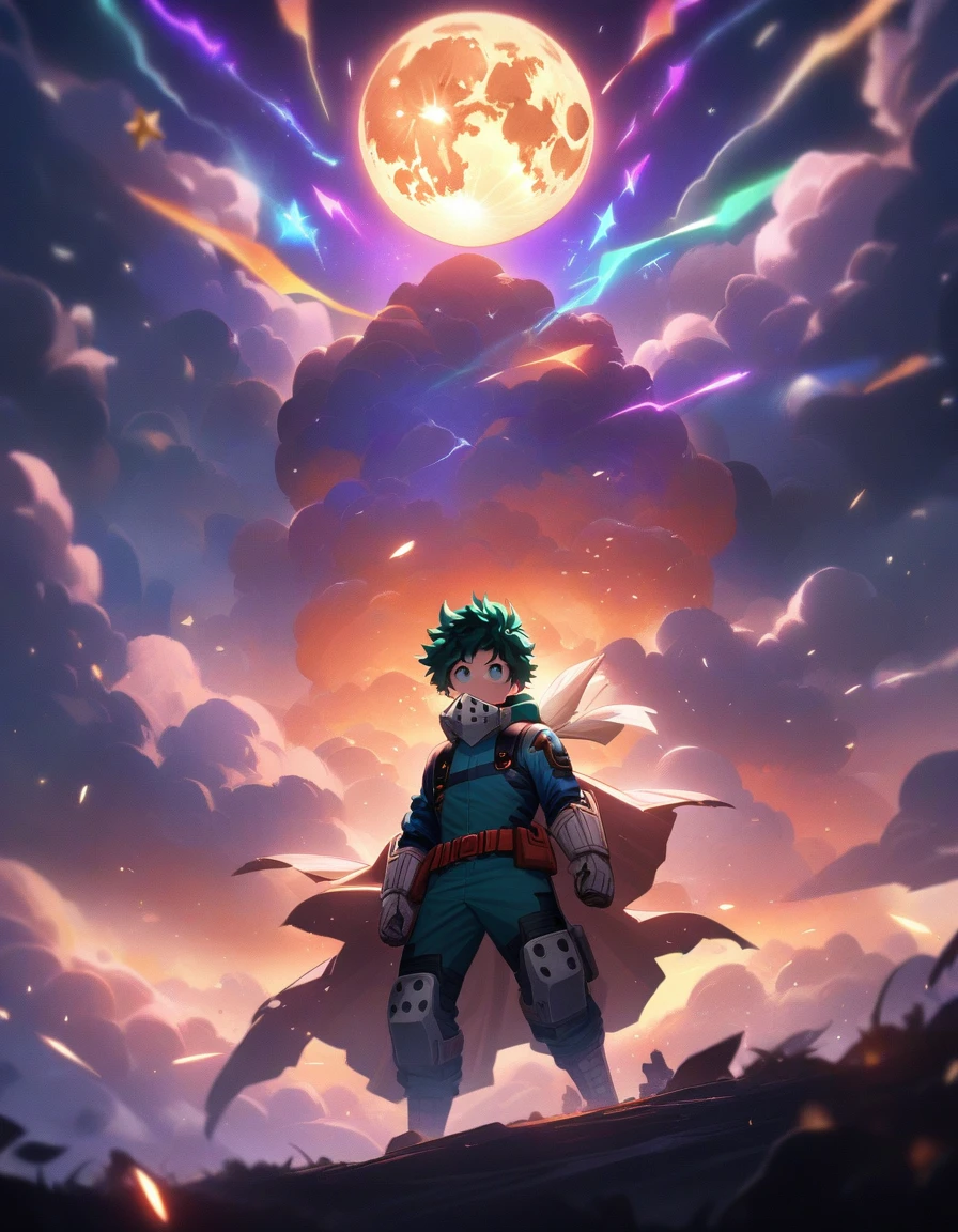 1boy, male focus, midoriya izuku, boku no hero academia, injury, electricity,, masterpiece, best quality, very aesthetic, absurdres ,( background - vast landscape photography，（full moon：1.2），（Meteor：0.9），（star cloud：1.3），（warm light source：1.2），（glow worm：1.2），lamp light，lots of purple and orange，Complex details，volume lighting，Realism BREAK（master piece：1.2），（best quality），8K，Super detailed，（dynamic composition：1.4），very detailed，Colorful detailed，（rainbow colors：1.2），（bright lighting，atmosphere lighting），dream Magic，Magic，（solo：1.2），（（best quality））， （（master piece））， （detailed：1.4），Depth of bounds written，Maximum clarity and sharpness，perfect proportions，Fluttering clouds )