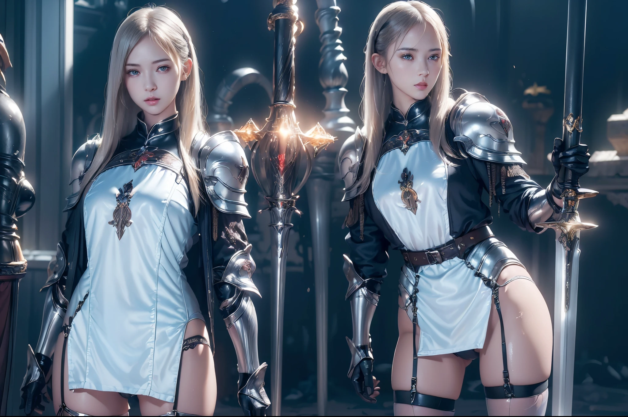 Top quality, masterpiece, very high resolution, (photorealistic: 1.4), Raw photo, 2 girls, long straight blond hair cut in a bob, light blue eyes, (beautiful breasts)、shiny skin、(( (beautiful detailed European faces)))、With a beautiful sword and shield、gorgeous and resplendent luminous girls,(Beautiful silver sexy armor、(((Random straight hair))),(((beautiful legs))), (proportionate breasts ), Seductive look, ((Background of beautiful decaying dungeon ruins)), (Ultimate beauty), (Detailed and realistic beauty face), ((see pantie)), ((apparent pussy)), (Small LED), ((Super realistic details)), portlate, global lighting, Shadow, octane rendering, 8k, ultra-sharp, exposed raw skin in neckline, metals, Intricate ornament details, very intricate details, Lightweight and realistic (Mystical expression), CGSoation trend, bright eyes, Facing the camera), Gundam, Small LED.