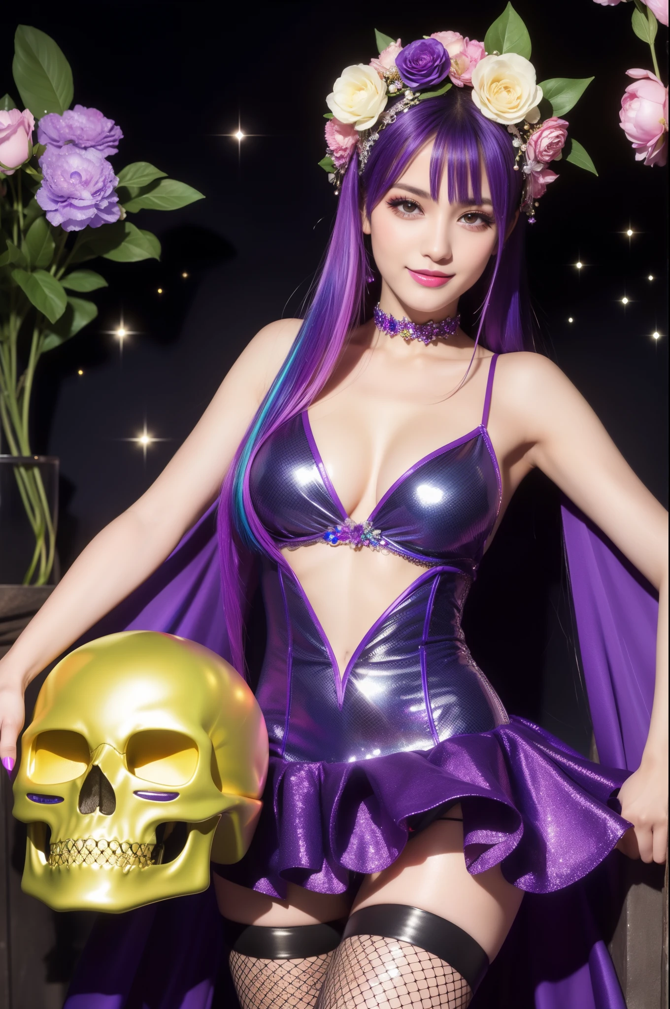 sexy Italian model who controls poison、beautiful smile、lipgloss、intense makeup、look at the camera、full body Esbian、、sparkling poisoned flower costume、、、、shiny sparkling multicolor hair、secrete poison、skull hair accessories、 fishnet tights、shiny sparkling flowers background