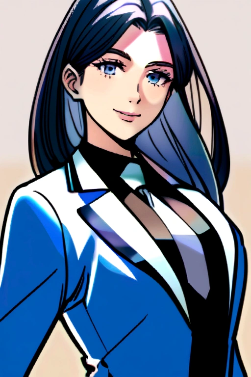 diane foxington, Blue suit, black tie, smiling