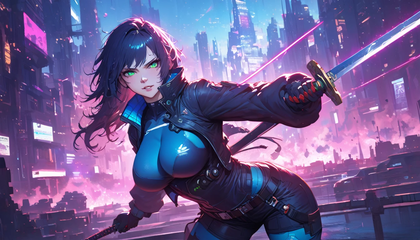 best quality,4k,8k, highres, masterpiece:1.2), ultra-detailed, extremely detailed eyes, extremely detailed body, (large masterpiece digital art), (detailed manga illustration), (detailed line art), ((perfect anatomy)), (intricate details:1.3), (ultra-detailed:1.3), (illustration:1.3), (sharp focus:1.3), (natural lighting:1.05), (vivid colors:1.3), (masterpiece), best quality, expressive eyes, perfect face, 1 girl, breasts, cleavage, gloves, large breasts, cyberpunk clothes, black jacket, dark blue hair, very long hair, messy hair, green eyes, curvy physique, athletic build, wearing black and blue uniform, shorts, fighting stance, huge ass, cyberworld, cinematic lighting, dramatic atmosphere, Beautiful woman, laser katana sword in hand, white skin, long black hair, portrait, Jeff Bridges, ((cartoon style)), Marvel Cinematic Universe style, (((cyberpunk city in the background))), soft bokeh of futuristic city, Atey Ghailan, Jeremy Mann, Greg Manchess, Antonio Moro, trend in ArtStation, trend in CGSociety, Intricate, High Detail, Sharp focus, dramatic and photorealistic painting art by Midjourney and Greg Rutkowski, bokeh in the background