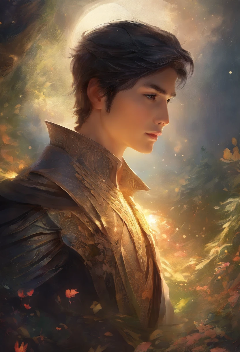 masterpiece, best quality, extremely detailed, intricate detail, highres, official art, finely detailed handsome face and eyes, high resolution illustration, 8k, depth of field, bokeh, solo, 1boy, a boy with black hair and black eyes, black hair, black eyes, beautiful landscape, upper body, looking at viewer, close up