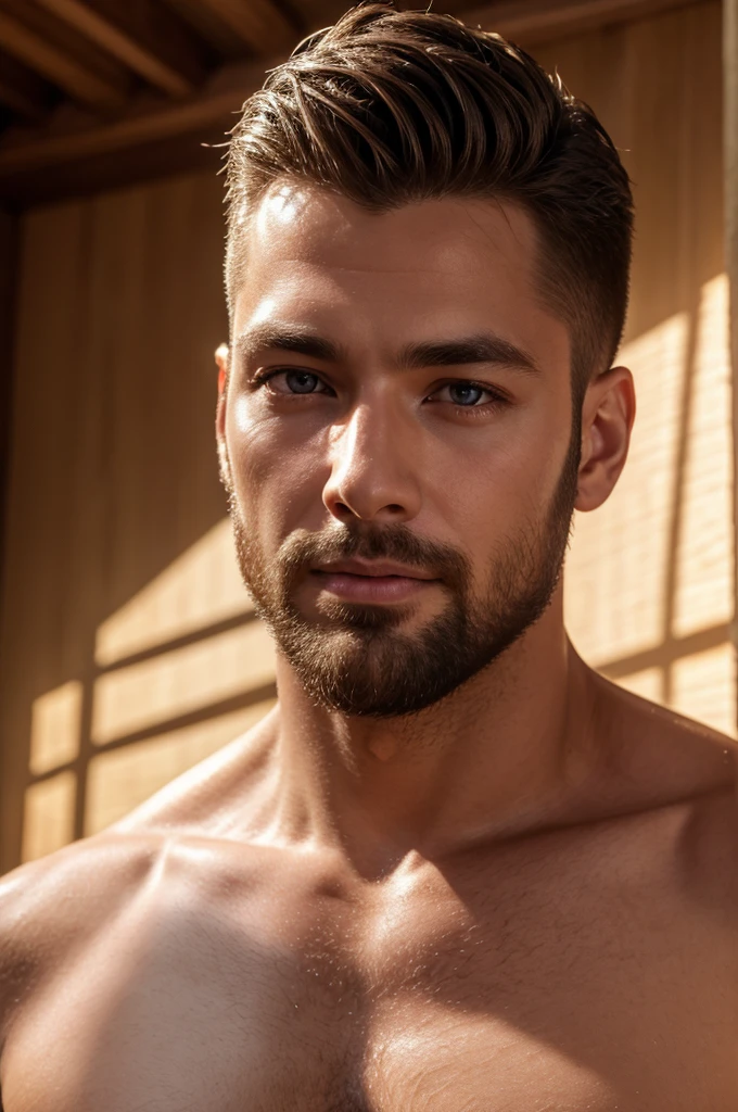 (8K、RAWE Photo、Highest quality、masterpiece:1.2)、(Real、Photorealistic:1.37)、Super detailed、Ultra-high resolution、1 male、Beautiful detailed face、(Feather Cut: 0.6)、Professional Lighting、The lighting is bright、Actor、model、Full body、Wide-angle shot、Daytime、bright , simple background ,Simple Background、Slender、beard、front、Face close-up、frontから、Straight、
