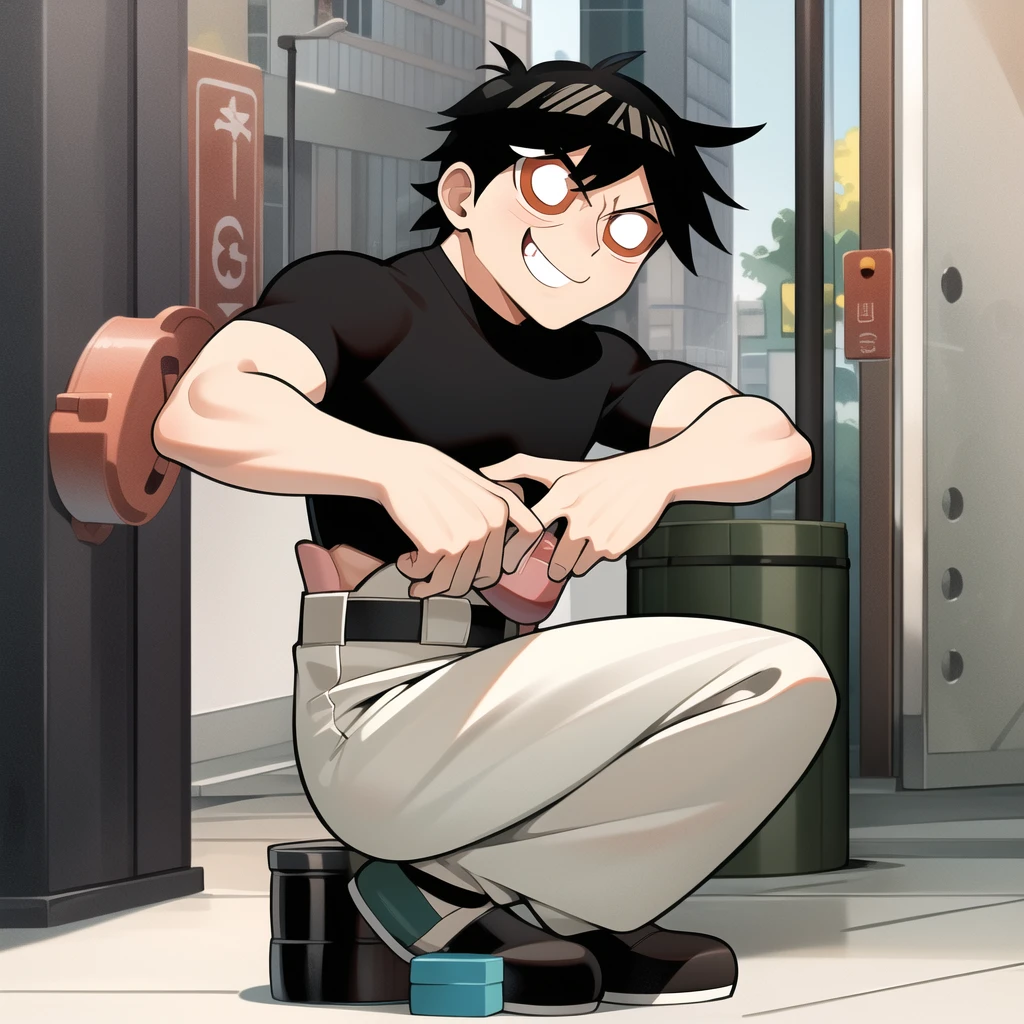 ushiguro toji, muscular male, black shirt, short sleeves, pants, cute smile, full body, chibi, black hair, rubbish bin background, (((Solo)))