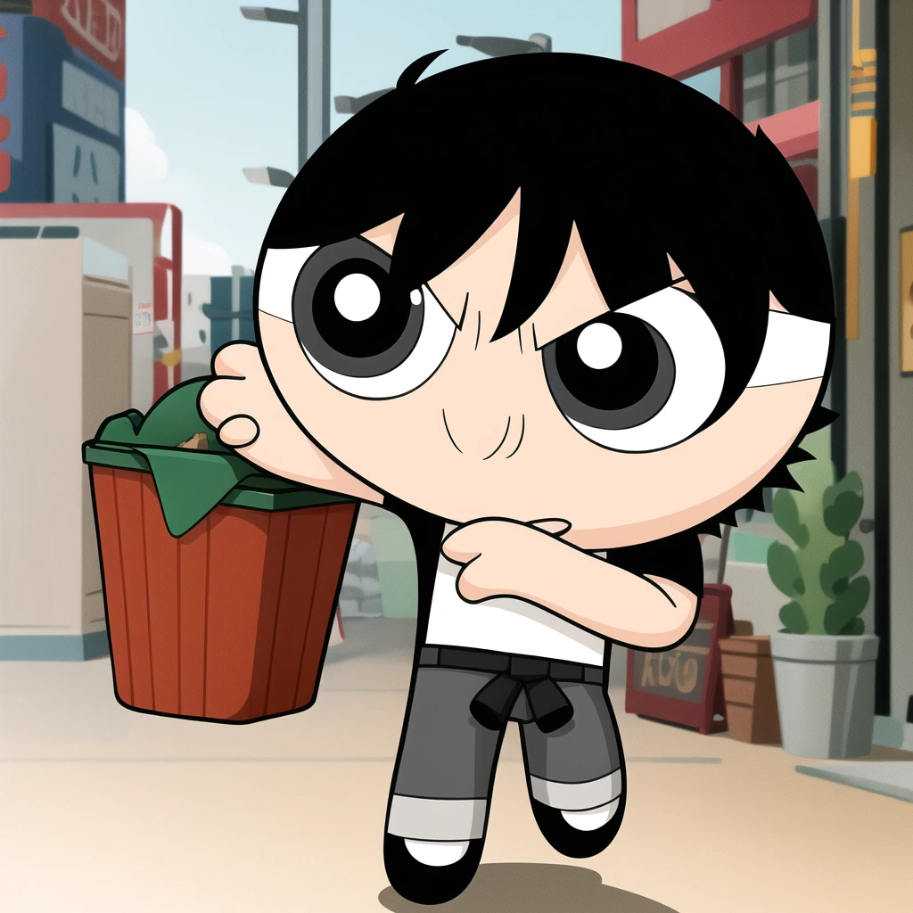 ushiguro toji, muscular male, black shirt, short sleeves, pants, cute smile, full body, chibi, black hair, rubbish bin background, (((Solo)))