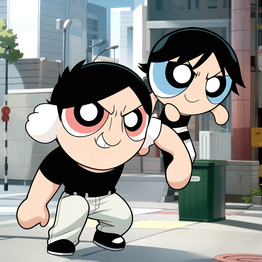 ushiguro toji, muscular male, black shirt, short sleeves, pants, cute smile, full body, chibi, black hair, rubbish bin background, (((Solo)))