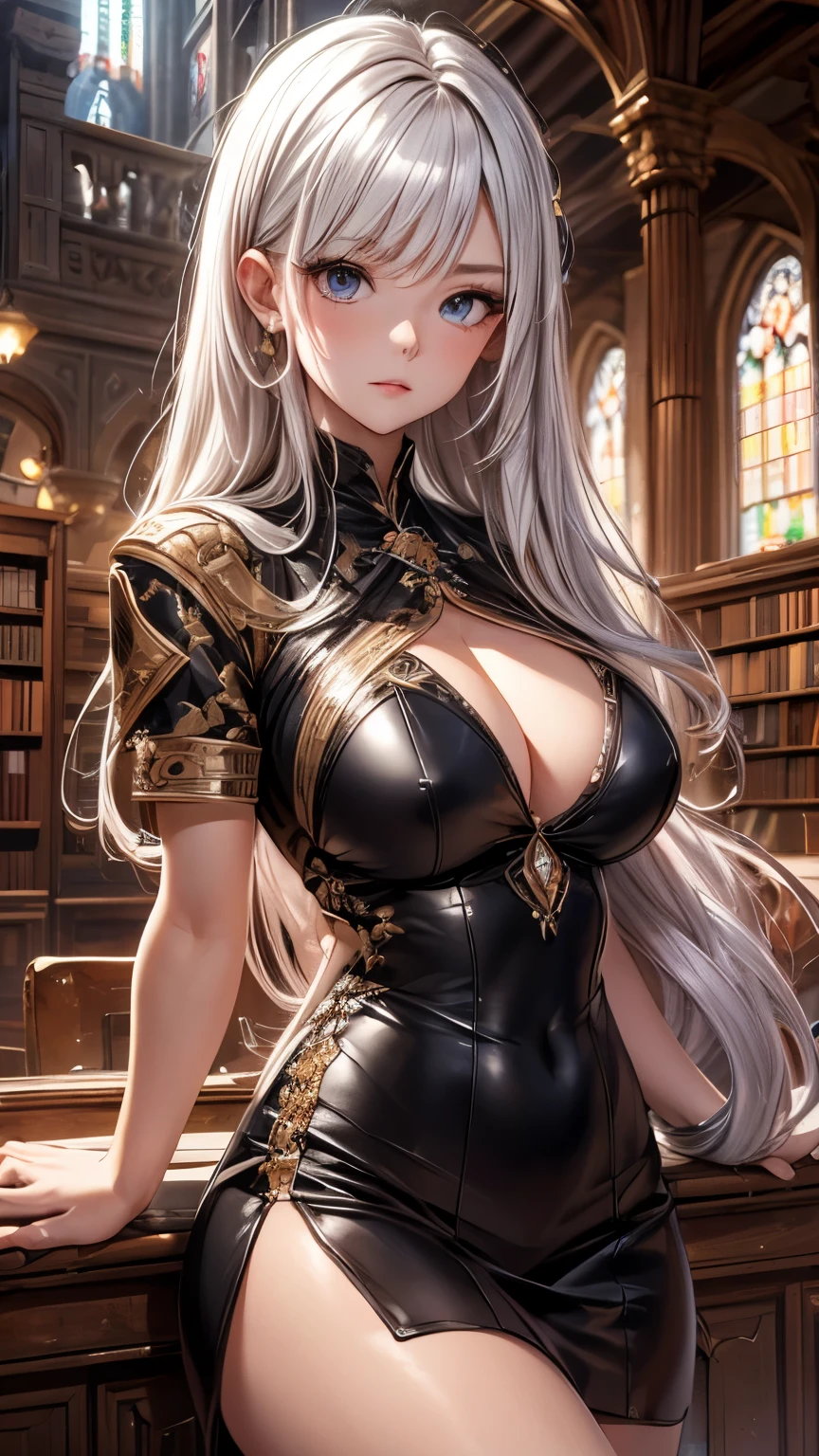 Highest quality, Super quality, 16K, Incredibly absurd, Very detailed, 2.5D, delicate and dynamic, cathedral, library, machine, , Small face, Extremely delicate facial expression, Delicate eye depiction, Extremely detailed hair, Upper body close-up, erotic, sole sexy Japanese lady, healthy shaped body, 22 years old lady, Wizard, huge firm bouncing busts, white silver long hair, sexy long legs, Glowing Skin, , ゴシック風の派手なWizardのコスチューム, brown tight skirt, black leather long boots, 