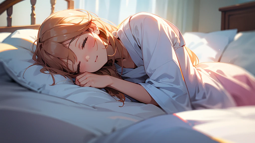 she is sleeping in bed. cute. eyes closed.