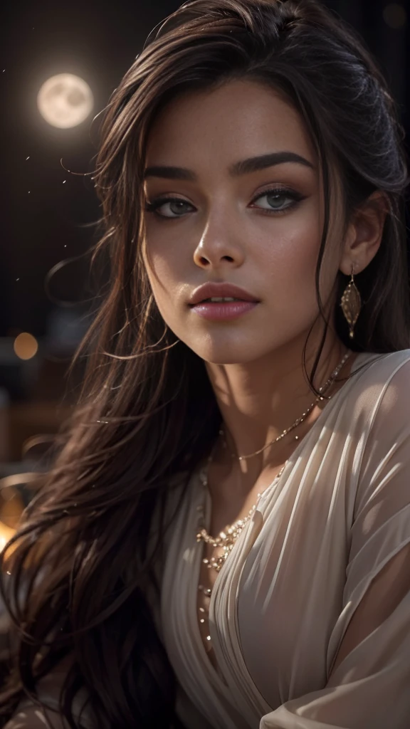 (32k:1.5, Highest quality, masterpiece, Ultra-high resolution), Professional camera work:1.6, Highly detailed skin and face textures:1.3, Captivating portrait:1.2, Very accurate, Very detailed, 1 adult female, ((Amazing night view from the rooftop:1.4, The moonlight at night illuminates my body)), (Satin Nightgown:0.7), Incredibly slim body, Fair skin, elegant, Sensual sitting position, sense of loss, Sadness, Expressions of sadness, (Big eyes that exude beautiful eroticism:0.4, A dreamy look:1.0, I love you with all my heart:0.8, Open your mouth a little, lipstick, Feel the beautiful eroticism:0.9), (Wet dark brown medium length hair), Candles, The chest is medium, Earrings, necklace, bracelet, (romantic, mysterious), Object of admiration, original, dramatic, Artistic, Innovative, attractive, Heartful, Fancy, sense of openness, sense of cleanliness, Special, exciting, Extreme, Tilt, ((Adult charm, Feminine charm, Hair blowing in the wind)