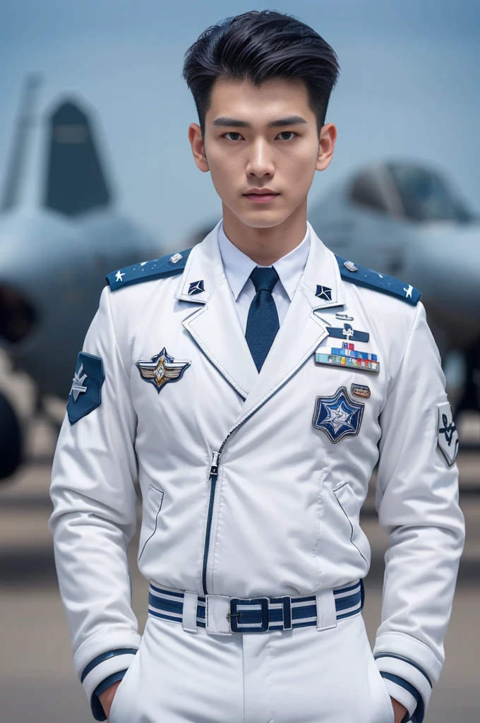 A young korean boy, (detailed air-force pilot uniform:1.5), (white pilot captain jacket:1.3), (white military pants ), full body shoot, detailed clothes, ( air force base runway view background:1.3), looking at viewer, facing the viewer, cinematic light, detailed fingers, Quiff haircut, look at camera, detailed facial parts, Manly, Active, Freestyle Pose, Happy Expression, perfect anatomy, symmetric body, 19 years old, high detail, asian, realistic, human skin, Short Hairstyle, handsome chad chin, handsome, masculine, attractive, human skin, (eyes contact), Handsome, Attractive