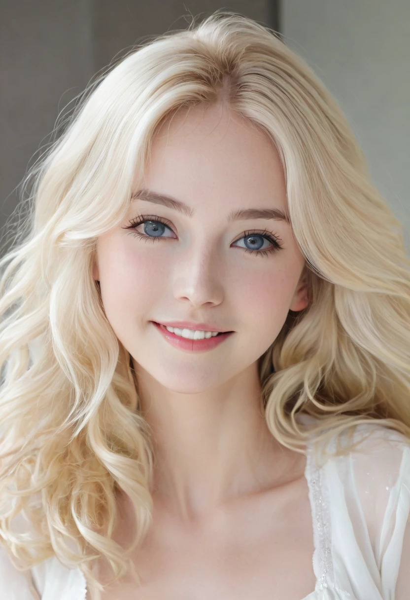 （（European Caucasian Woman））、（（Mary, 18 years old））one person、Thin contours、Grey Eyes、Big Breasts、Narrow waist、White and translucent skin、Beautiful, shiny blonde medium-long hair、8-head-tall model style、White dress、Waist-down angle、smile、Tokyo city