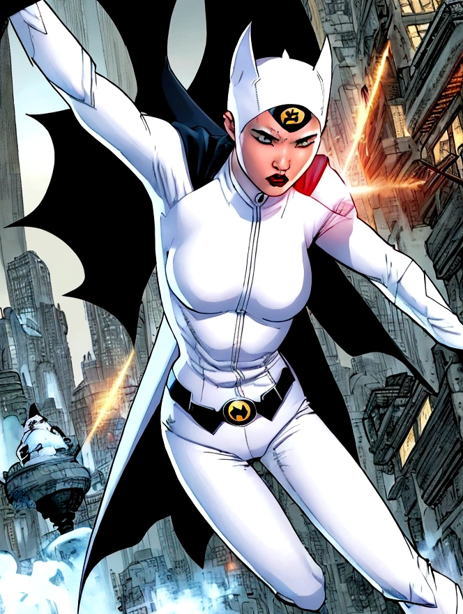 superhero, 19 years, modern super hero costume, white suit, white bat costume, style like the black mouse suit and the Batman suit, suit for girl, ninja, with a Chinese sword, Beautiful Chinese woman, Chinese woman with bangs, courageous character, Kind, Brave, determination, on the battlefield