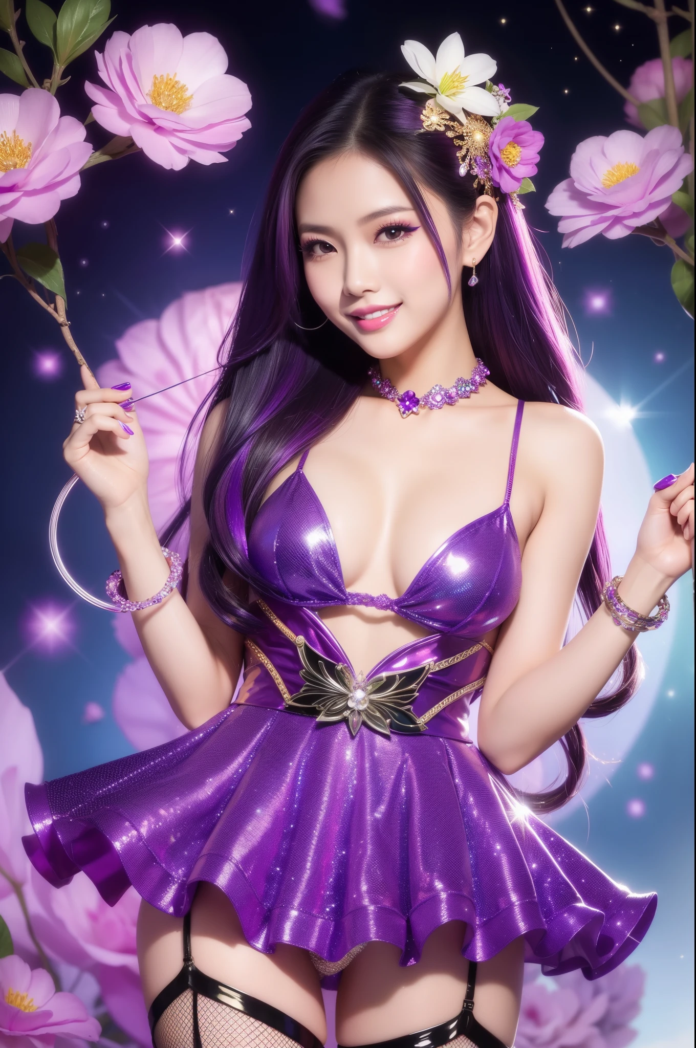 sexy Thai model who controls poison、beautiful smile、lipgloss、intense makeup、look at the camera、full body Esbian、、sparkling poisoned flower costume (purple)、、、、shiny sparkling multicolor hair、secrete poison、skull hair accessories、fishnet tights、shiny sparkling flowers background