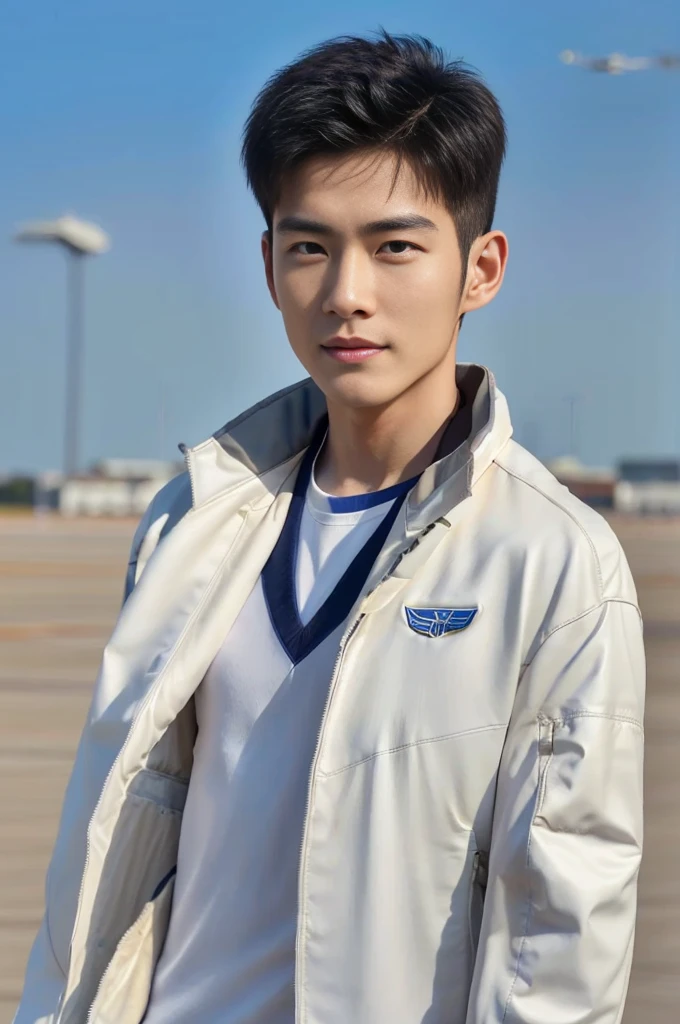 A young korean boy, (detailed air-force pilot uniform:1.5), (white pilot captain jacket:1.3), (white military pants ), full body shoot, detailed clothes, ( air force base runway view background:1.3), looking at viewer, facing the viewer, cinematic light, detailed fingers, Quiff haircut, look at camera, detailed facial parts, Manly, Active, Freestyle Pose, Happy Expression, perfect anatomy, symmetric body, 19 years old, high detail, asian, realistic, human skin, Short Hairstyle, handsome chad chin, handsome, masculine, attractive, human skin, (eyes contact), Handsome, Attractive