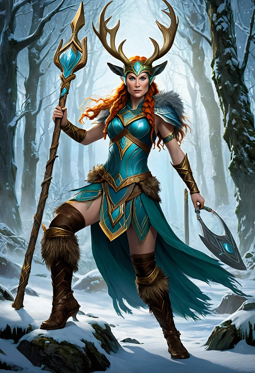 "Create a unique Satyress character rooted in Nordic mythology, blending her traditional woodland and nature-bound traits with the mystical prowess of Valkyries. She embarks on a quest to rescue a stolen artifact from a cunning frost giant, forging an unlikely alliance with a mischievous Loki along the way."