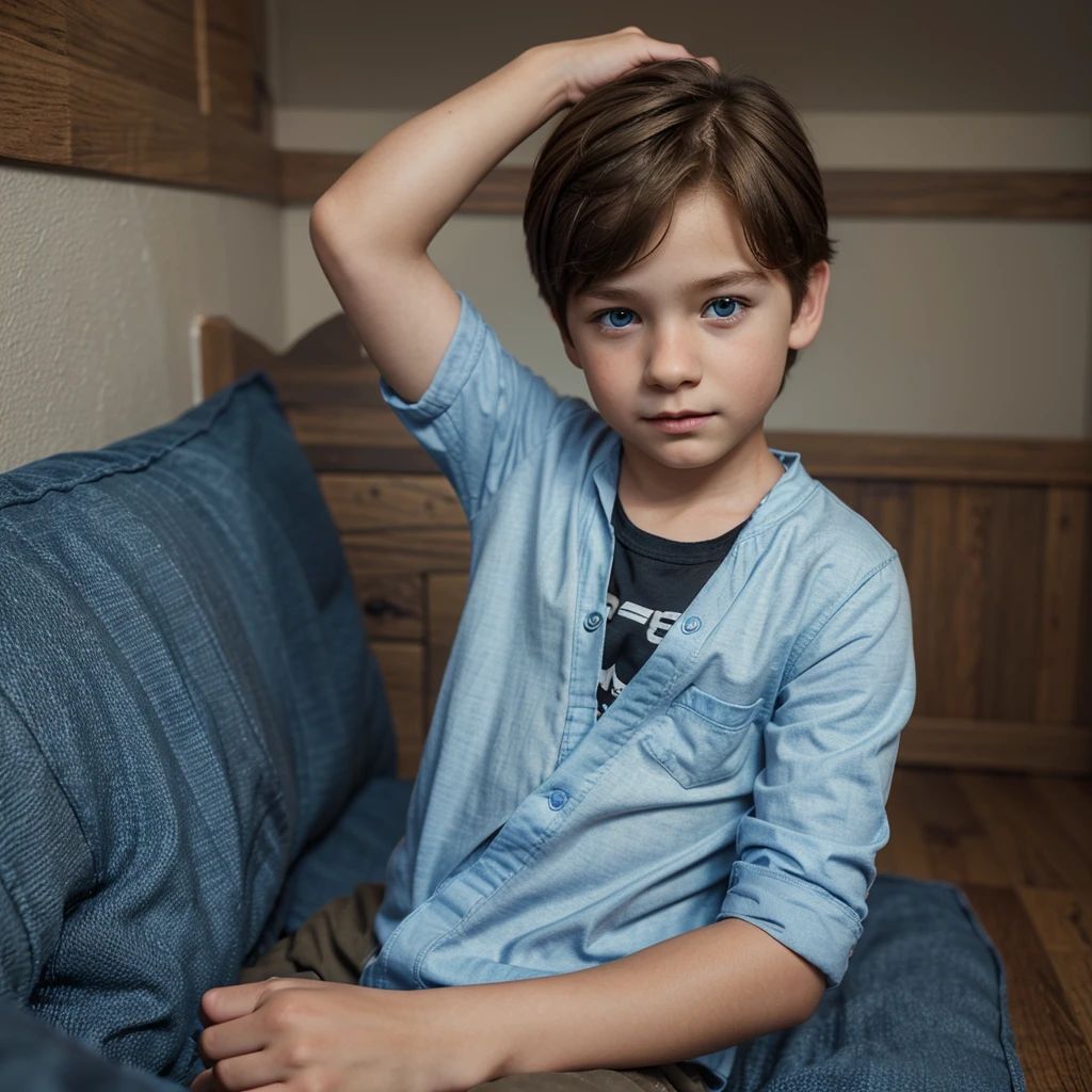 “A young handsome Caucasian little boy with brown hair, blue eyes named Peter, kid, 6 years old, wearing casual clothes (Digital 3D Artwork).”