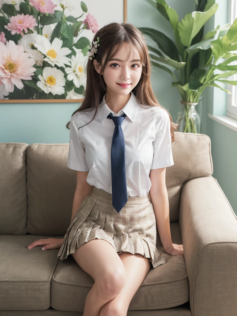 (1woman), (round eyes:1.2), (highly detailed face and eyes), refreshing smile, Amazing face and eyes, (school uniform, pleated skirt, tie:1.3), summer, (Best Quality:1.4), (Ultra-detailed), (extremely detailed CG unified 8k wallpaper), Highly detailed, High-definition raw color photos, Professional Photography, Realistic portrait, indoors, (casual room, cute wallpapers:1.3), (Surrounded by lots of cute fresh flowers. Inside a photo studio, cute sofa:1.3), depth of fields, reflection of light, (fine face:1.2), 