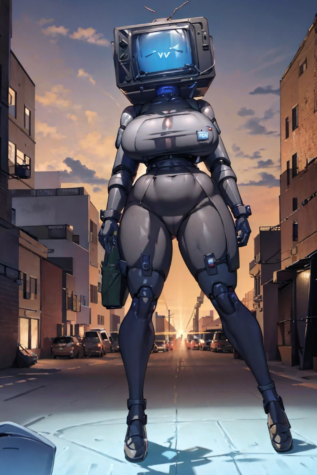 TV screen head robot girl sex Silicone body Super Extra large breasts breast enlargement Special attack bulletproof tactical jacket sci-fi city full-body shot