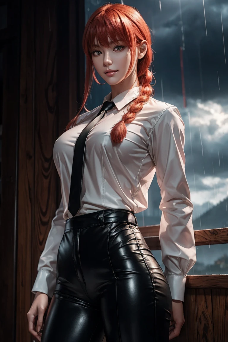 Chainsaw Man,Makima,With bangs,Red Hair,Braids at the back,Golden Eyes,White long sleeve shirt,Black tie,Black Leather Pants,Ultra HD,super high quality,masterpiece,Digital SLR,Photorealistic,Detailed Details部,Vivid details,Depicted in detail,A detailed face,Detailed Details,Super Detail,Realistic skin texture,Anatomical basis,Perfect Anatomy,Anatomically correct hand,Anatomically correct fingers,Complex 3D rendering,Sexy pose,Rainy Sky,Beautiful scenery,Fantastic rainy sky,Picturesque,Pink Lips,smile,