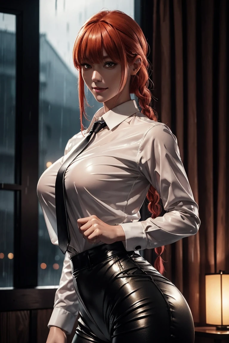 Chainsaw Man,Makima,With bangs,Red Hair,Braids at the back,Golden Eyes,White long sleeve shirt,Black tie,Black Leather Pants,Ultra HD,super high quality,masterpiece,Digital SLR,Photorealistic,Detailed details,Vivid details,Depicted in detail,A detailed face,Detailed details,Super Detail,Realistic skin texture,Anatomical basis,Perfect Anatomy,Anatomically correct hand,Anatomically correct fingers,Complex 3D rendering,Sexy pose,Rainy Sky,Beautiful scenery,Fantastic rainy sky,Picturesque,Pink Lips,smile,