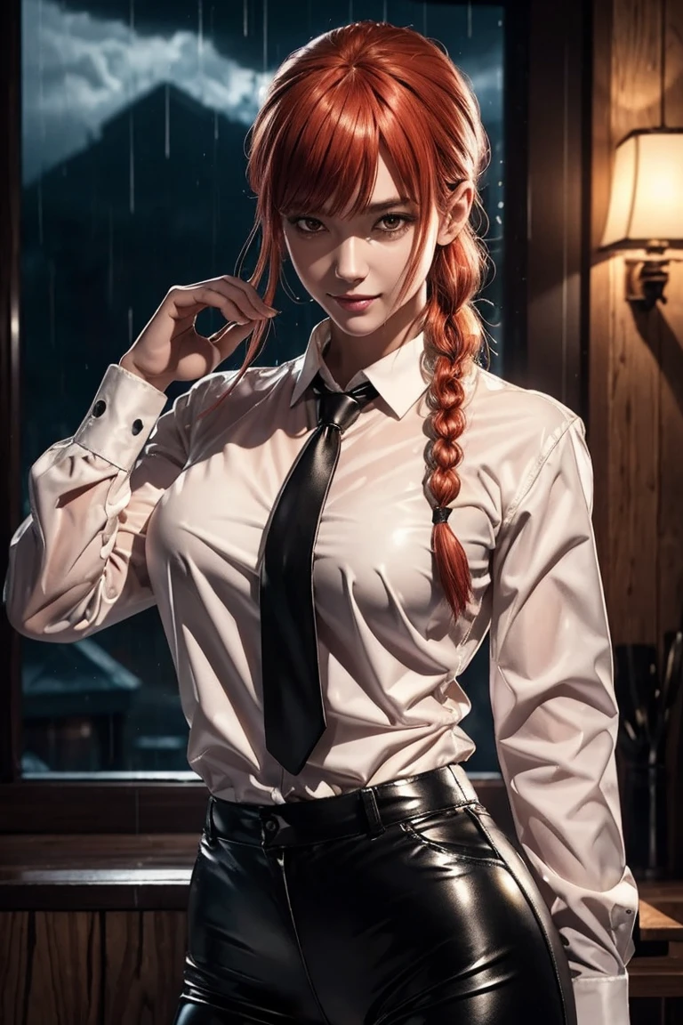 Chainsaw Man,Makima,With bangs,Red Hair,Braids at the back,Golden Eyes,White long sleeve shirt,Black tie,Black Leather Pants,Ultra HD,super high quality,masterpiece,Digital SLR,Photorealistic,Detailed details,Vivid details,Depicted in detail,A detailed face,Detailed details,Super Detail,Realistic skin texture,Anatomical basis,Perfect Anatomy,Anatomically correct hand,Anatomically correct fingers,Complex 3D rendering,Sexy pose,Rainy Sky,Beautiful scenery,Fantastic rainy sky,Picturesque,Pink Lips,smile,