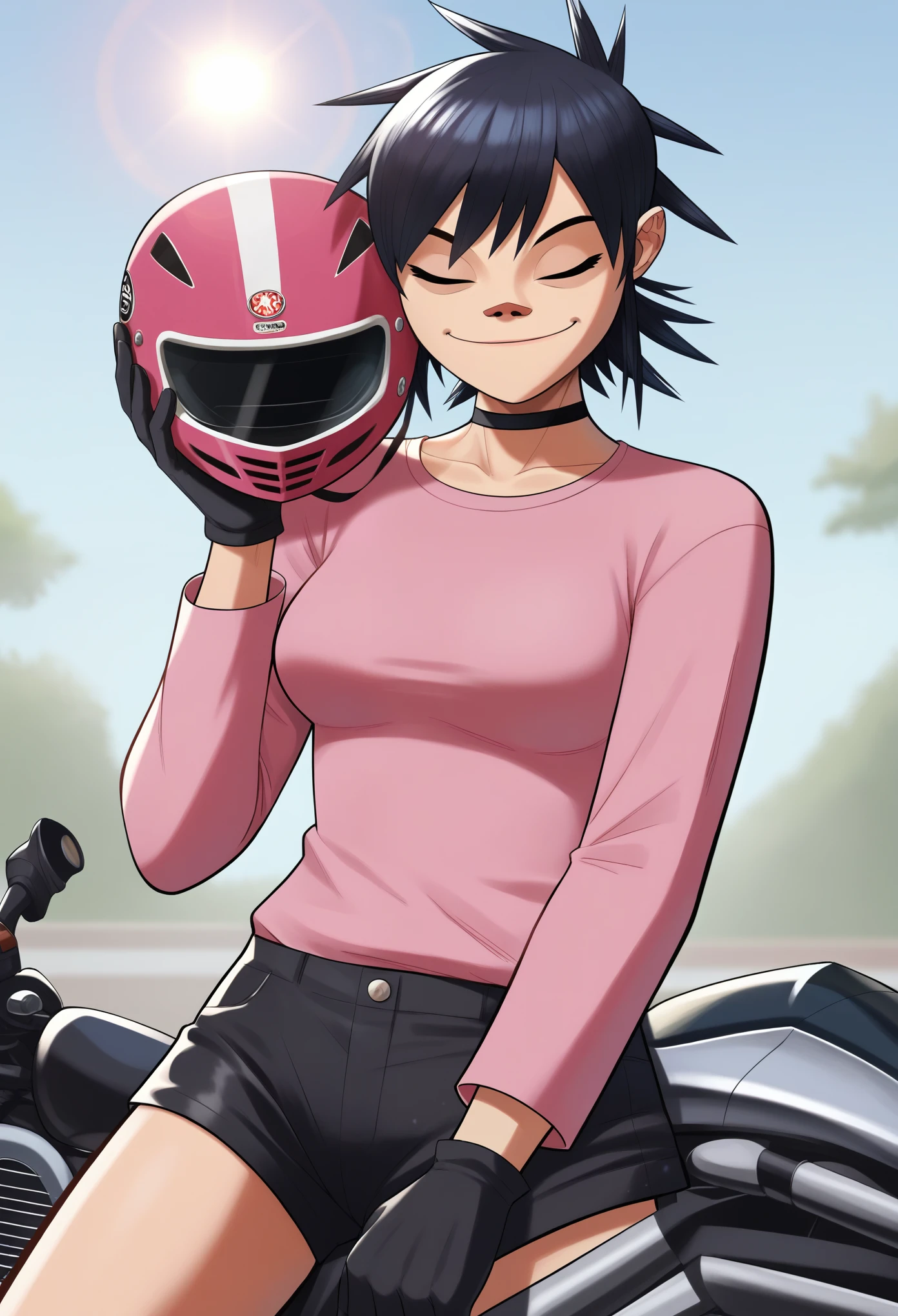 score_9, score_8_up, score_7_up, BREAK, 1girl, solo, breasts,  noodlegorillaz, black shorts, pink shirt, long sleeves, motorcycle helmet, black gloves, closed eyes, lens flare, smile, black choker, holding helmet, black hair,