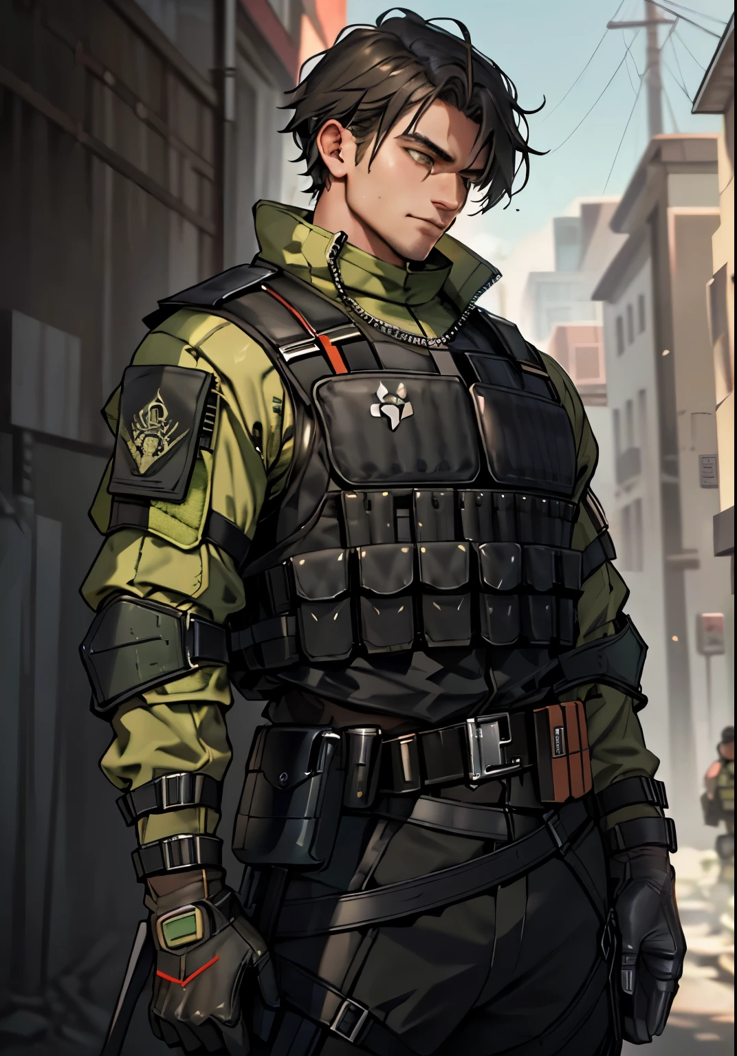 portrait of handsome 25-year old guy, wearing green camouflage combat suit and combat helmet, (black bulletproof vest: 1.3), black half-gloves, (grenade belt: 1.3), (holding grenade:1.1), stunning, tall, bright hair, fancy haircut, (epic pose) , (full length:1.2), call of duty modern warfare