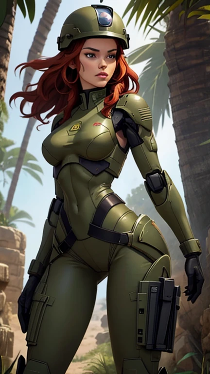 1woman 20 years old, sculpted, israel military, wearing a soldier helmet, beautiful, perfect body, realistic, red hair, perfect body, thin waist, tight round ass, perfect ass, full outfit, wide hips, large breasts, slim thighs, jungle background, armored vehicle, flying fighters, military robot dog, camouflaged uniform, wealth of details, tight panties marking on the front, head to toe, highly detailed, high resolution, prefect hands