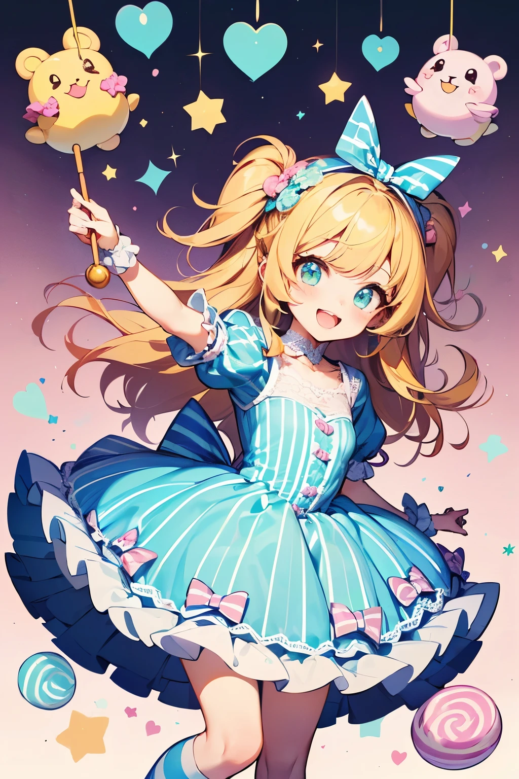 chibi character,Circus motif,(brush),((cute,kawaii,wonderland)),((pastel color)),((Cute assortment)),(Open Mouth Smile、looks fun),((Lots of toys and sweets:1.1)),((Cute frill and lace striped dress:1.3)),Shiny hair,(Natural Color),((Honey-colored hair:1.2)),(Fairytale:1.25).