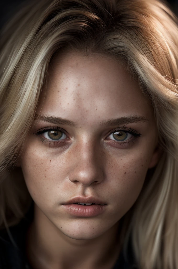 (editorial photograph of a 19 year old woman), (highly detailed face:1.4) (background inside dark, moody) POV, by lee jeffries, nikon d850, rich colors ,hyper realistic ,lifelike texture, good lighting , cinestill 800, blonde hair