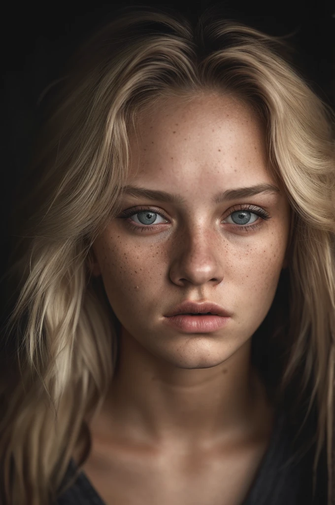 (editorial photograph of a 19 year old woman), (highly detailed face:1.4) (background inside dark, moody) POV, by lee jeffries, nikon d850, rich colors ,hyper realistic ,lifelike texture, good lighting , cinestill 800, blonde hair