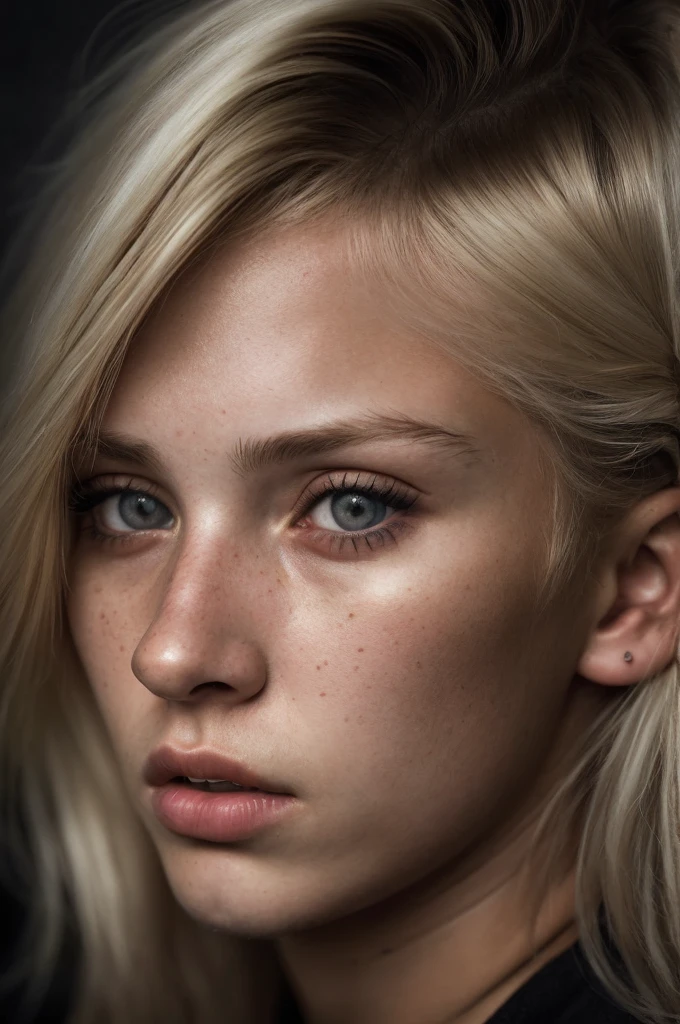 (editorial photograph of a 19 year old woman), (highly detailed face:1.4) (background inside dark, moody) POV, by lee jeffries, nikon d850, rich colors ,hyper realistic ,lifelike texture, good lighting , cinestill 800, blonde hair