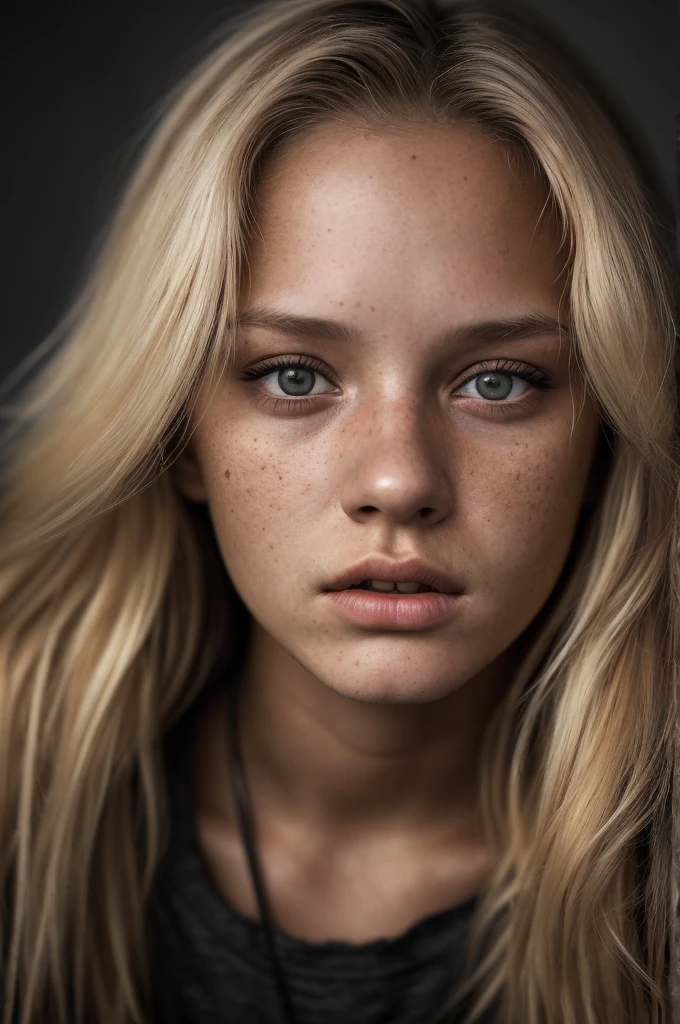 (editorial photograph of a 19 year old woman), (highly detailed face:1.4) (background inside dark, moody) POV, by lee jeffries, nikon d850, rich colors ,hyper realistic ,lifelike texture, good lighting , cinestill 800, blonde hair