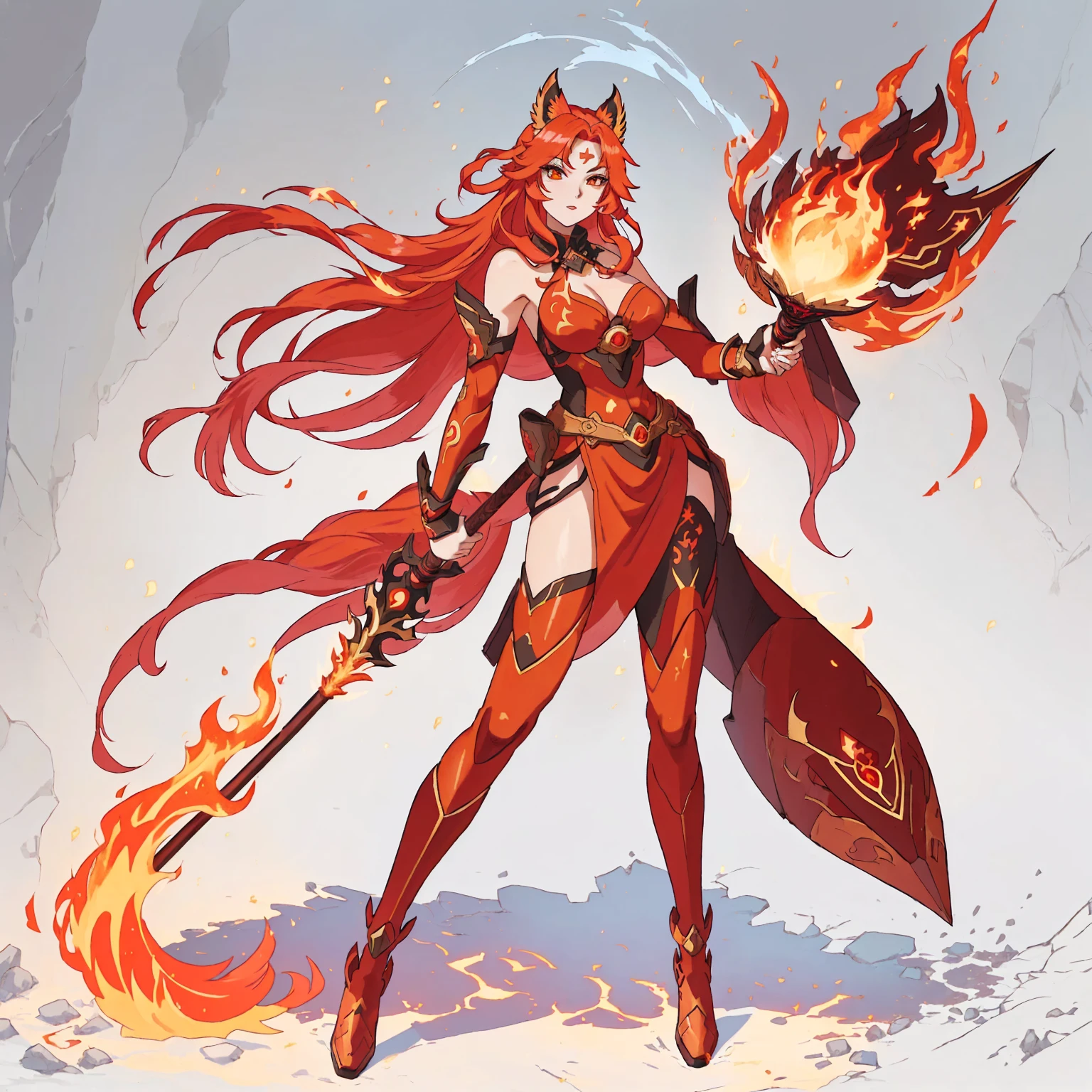 anime girl with red hair holding a fire stick and a staff, fire!! whole body, fire mage, appears as the fire goddess, goddess of fire, fire goddess, Fox and bush, hot fire goddess, Ayaka Genshin Impact, lava and fire goddess, she has fire powers, Anime Goddess, Makeup Gremory, fire demon, Anime Character Art,The details are clear,Clear facial features,Royal sister style,The are good-looking