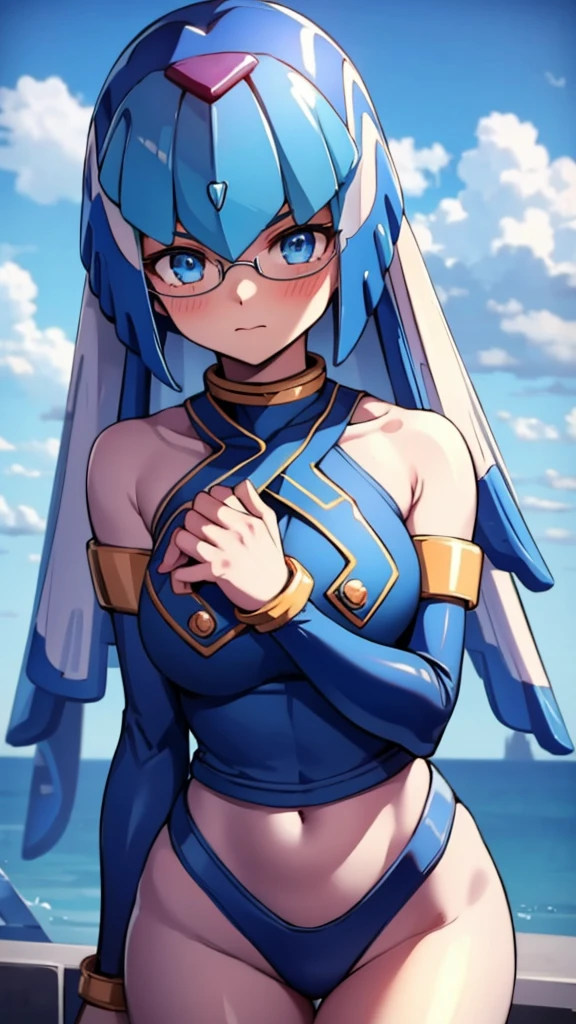 Leviathan_Megamanz, 1 Girl ,Looking at the viewer , blue hair, Blue eyes,Clouds background , Blushed ,  , Wedding ring, Glasses