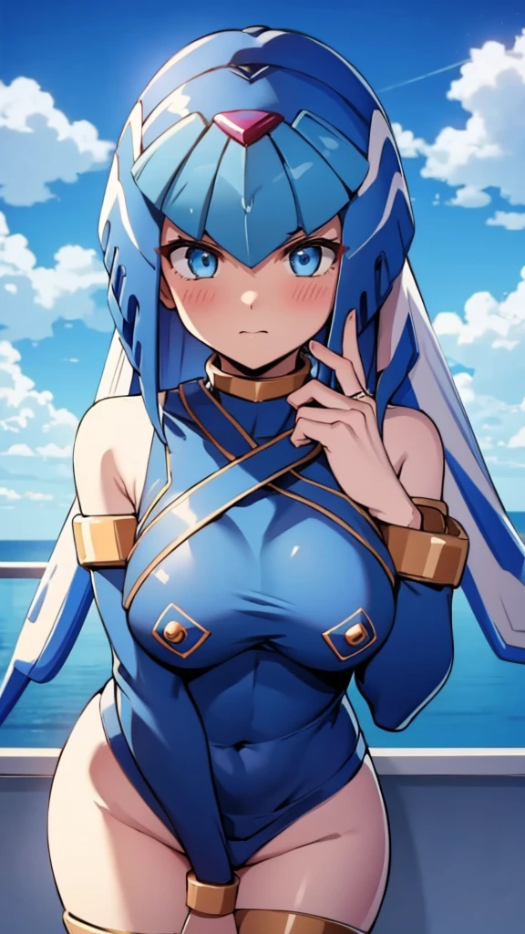 Leviathan_Megamanz, 1 Girl ,Looking at the viewer , blue hair, Blue eyes,Clouds background , Blushed ,  , Wedding ring, Glasses