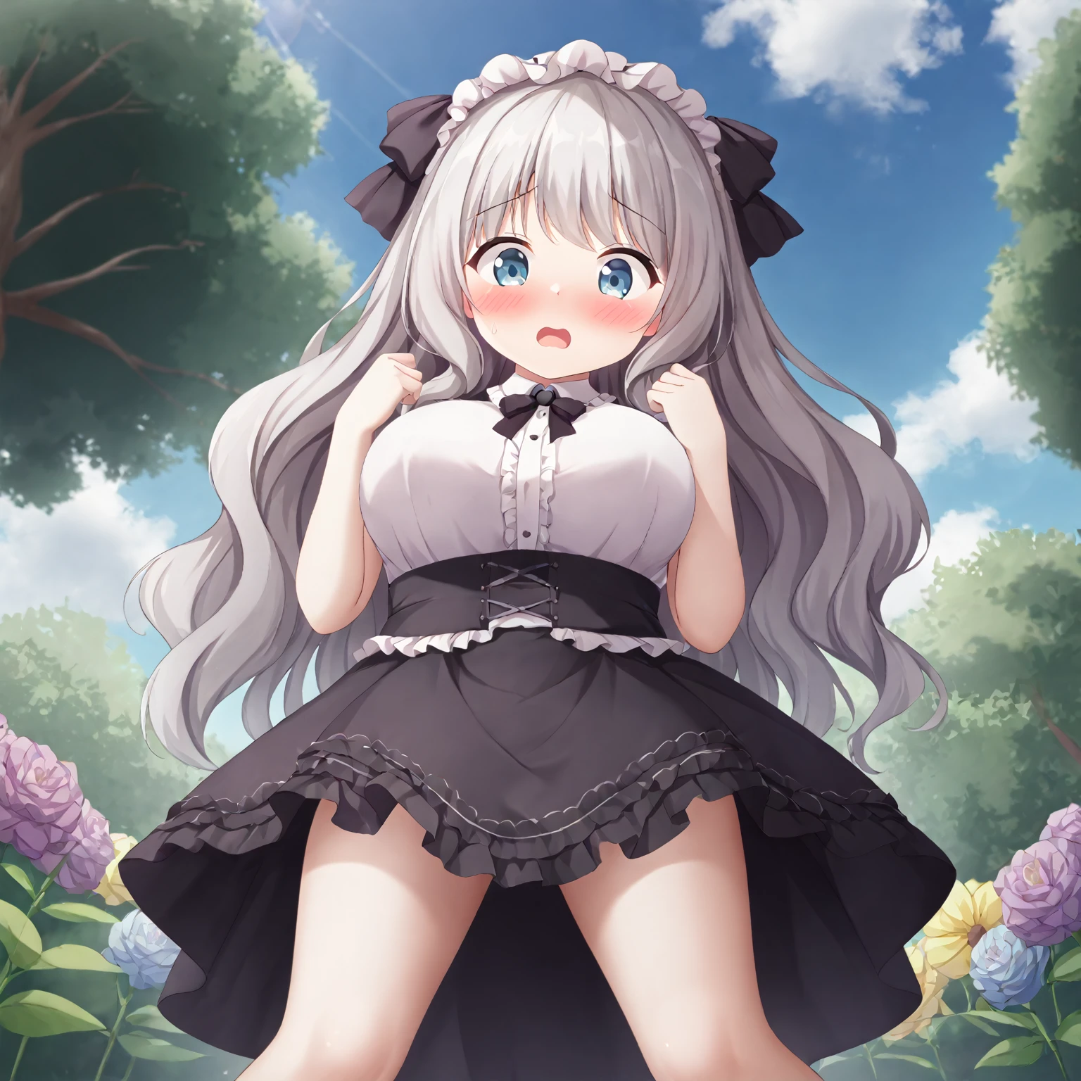 Cute beautiful girl、Turning around, shocked and blushing、Big Breasts、Gothic Lolita、Wavy Hair、Underwearless、Skirt flipped up、From below、From the back、,garden