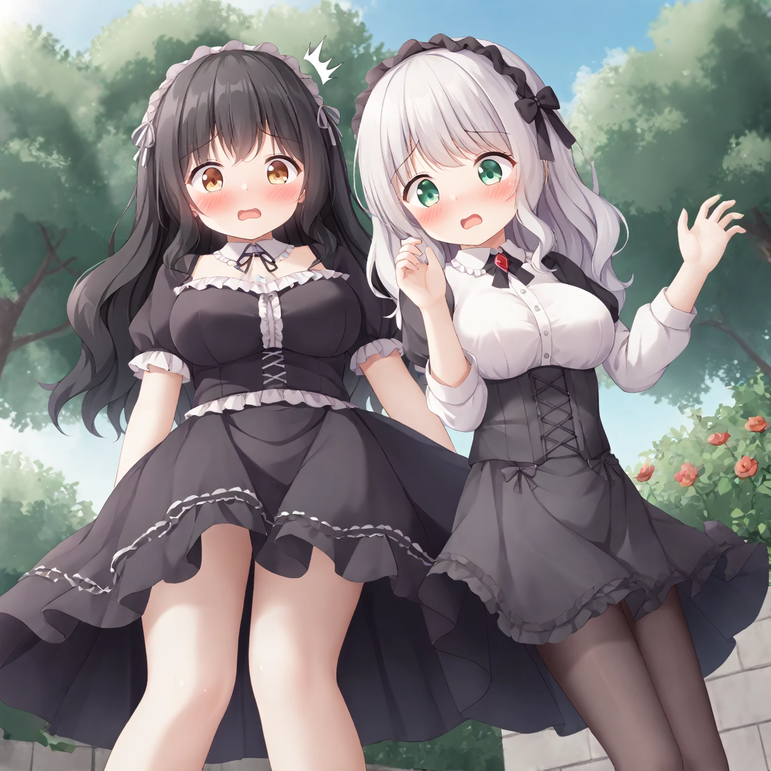 Cute beautiful girl、Turning around, shocked and blushing、Big Breasts、Gothic Lolita、Wavy Hair、Underwearless、Skirt flipped up、From below、From the back、,garden