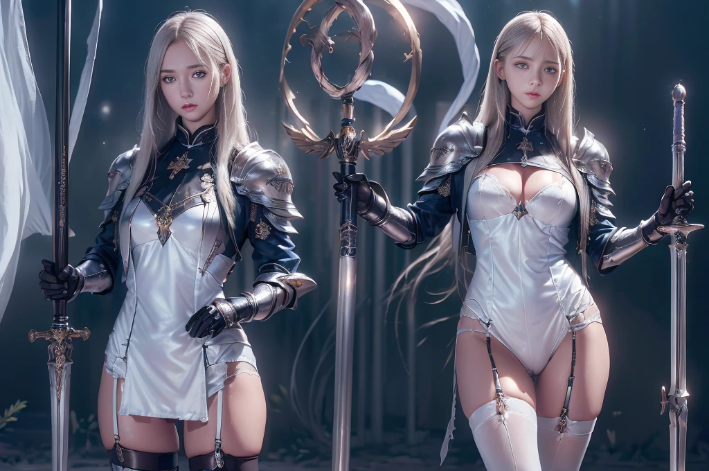 Top quality, masterpiece, very high resolution, (photorealistic: 1.4), Raw photo, 3 girls, long straight blond hair cut in a bob, light blue eyes, (beautiful breasts）、shiny skin、(( (beautiful detailed European faces)))、With a beautiful sword and shield、gorgeous and resplendent luminous girls,（Beautiful silver sexy armor、mini skirt, (((Random straight hair))),(((beautiful legs))), (proportionate breasts ), Seductive look, ((beautiful smiling)), ((CEMETERY BACKGROUND ON FULL MOON NIGHT)), (Ultimate beauty), (Detailed and realistic beauty face), ((see pantie)), ((apparent pussy)), (Small LED), ((Super realistic details)), portlate, global lighting, Shadow, octane rendering, 8k, ultra-sharp, exposed raw skin in neckline, metals, Intricate ornament details, very intricate details, Lightweight and realistic (Mystical expression), CGSoation trend, bright eyes, Facing the camera), Gundam, Small LED.

