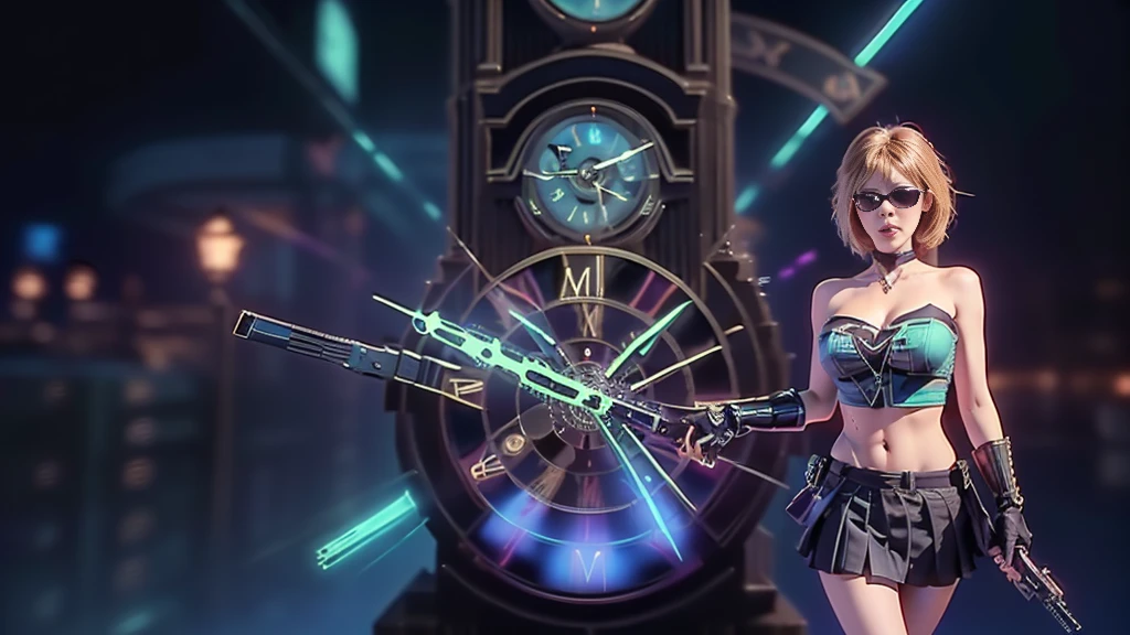 (aerial view). at night, futuristic sci-fi cyberpunk city, broad viaduct, skyscrapers at the end of the viaduct, the movie "13th Floor" style, (((((voltex-spirit-spreading giant clock tower as time machine))))), hq. Matrix style, at night, (1girl, solo), photo realistic, (large-breast:1.2 slim body, cleavage:1.3), (((tube top, extreamly short pleated (((miniskirt))) exposing panty))), (((((matrix style black sunglasses))))), (((((aiming at camera with a (pistol)))))), (((half-body (thigh level) medium shot))), (cinematic lighting).