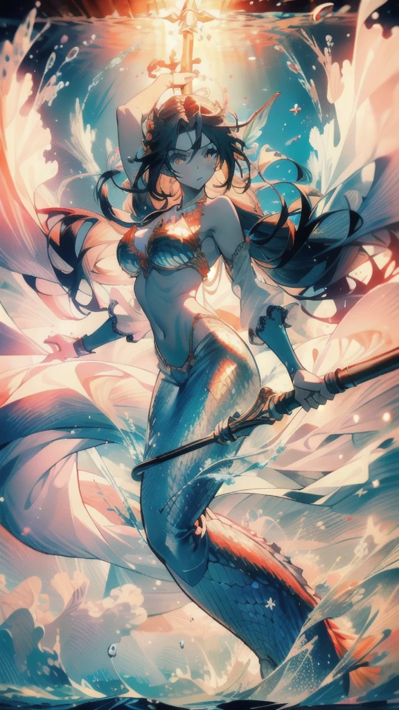 ((masterpiece, best quality)), Epic battlefield atmosphere,Delicate face,Mermaid Under the Sea,Holding a staff,whole body,Standing picture,Glowing orange eyes,Large Breasts,Gradient white long wavy hair,Perfect body proportions,Pure white background,Water Ripples,Lace,Sex bikini